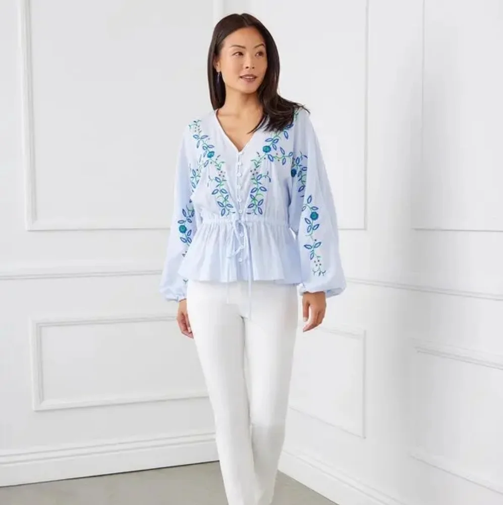 Karen Kane Embroidered Drawstring Top V-Neck Blouson Sleeve Top
